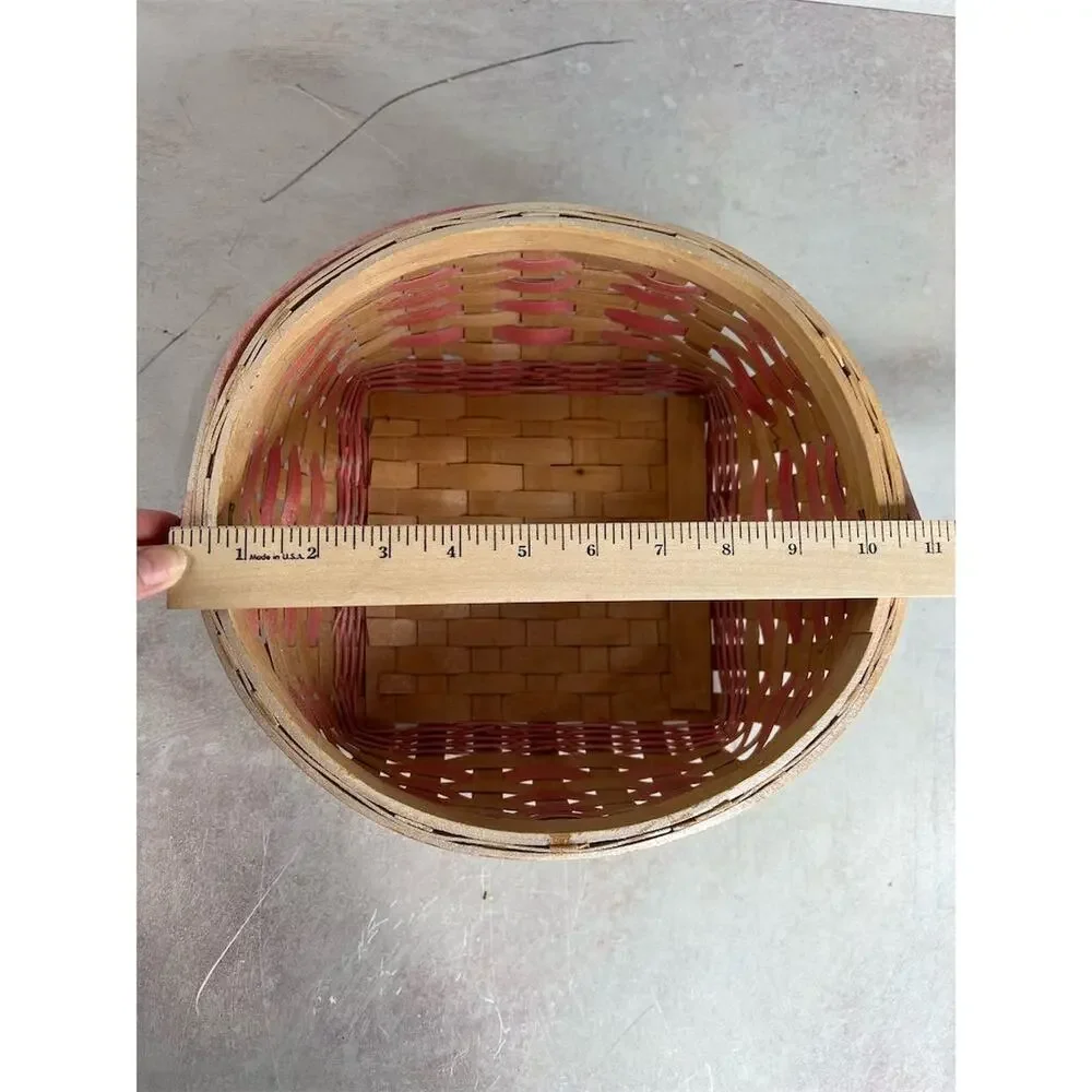 Vintage Pink and wood Woven‎ Basket with Handle 9”x9” Round